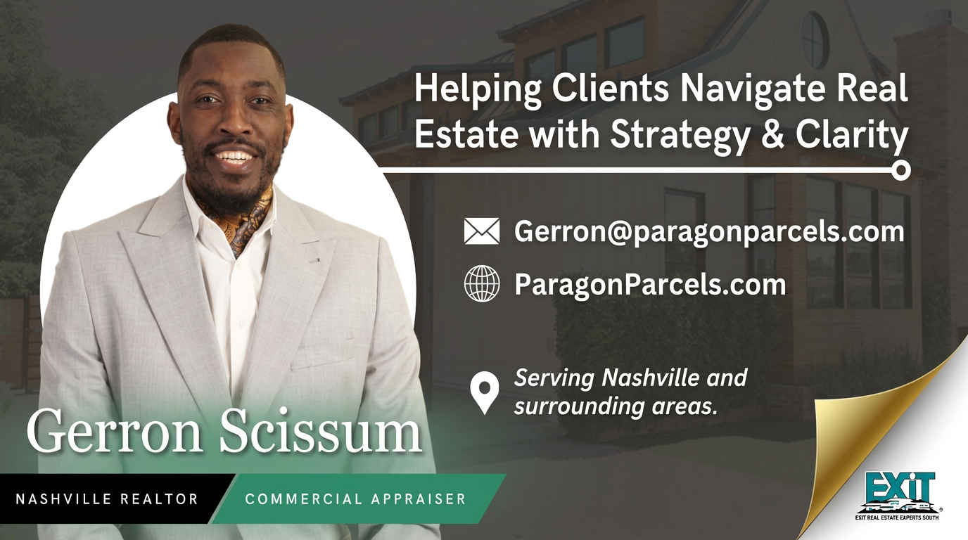 Digital business card for Gerron Scissum, Nashville Realtor and Commercial Appraiser at Paragon Parcels Advisory — email Gerron@paragonparcels.com, ParagonParcels.com, serving Nashville and surrounding areas